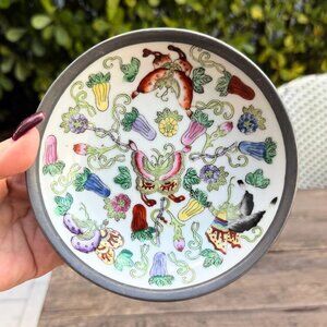 Vintage TFF Japanese Porcelain Ware Pewter Bowl Decorated Hong Kong Butterflies
